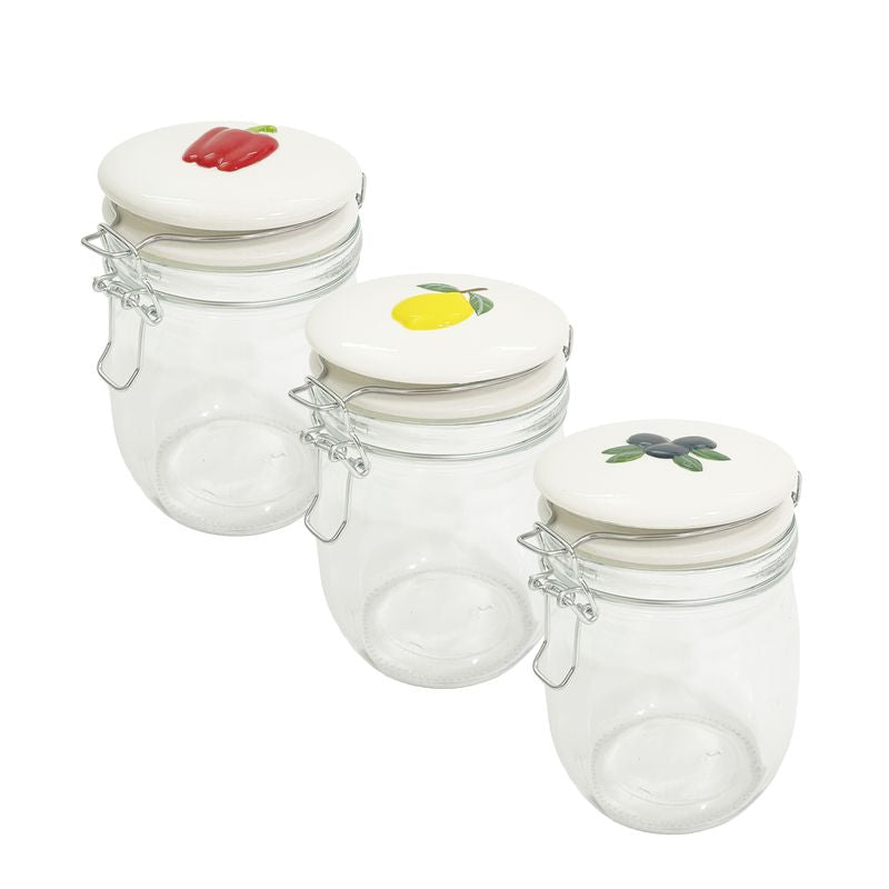 JUEGO DE 3 BOTE CRISTAL 800ML TAPA CERAMICA