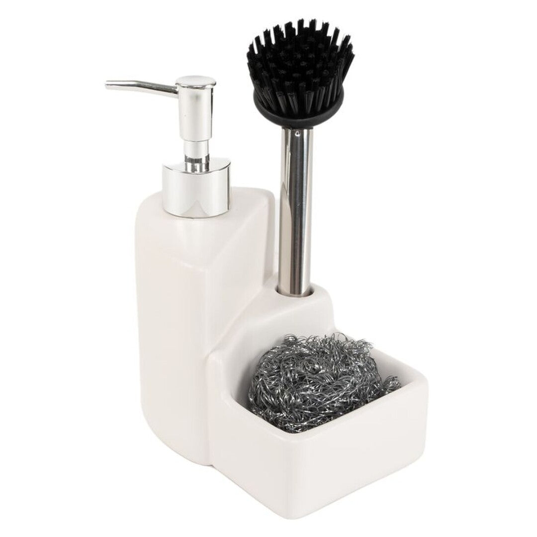 DISPENSADOR JABON CON ESTROPAJO Y CEPILLO BLANCO
