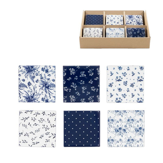 JUEGO DE 6 POSAVASOS CERAMICA BASE CORCHO AZULES