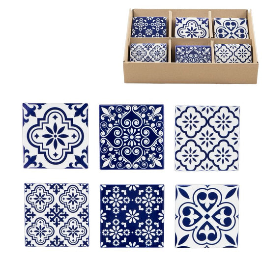 JUEGO DE 6 POSAVASOS CERAMICA BASE CORCHO HIDRAULICO AZUL