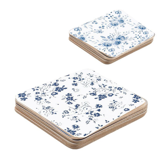 JUEGO 4 POSAVASOS BASE CORCHO FLORES AZUL