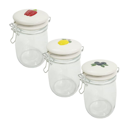 JUEGO DE 3 BOTE CRISTAL 1L TAPA CERAMICA