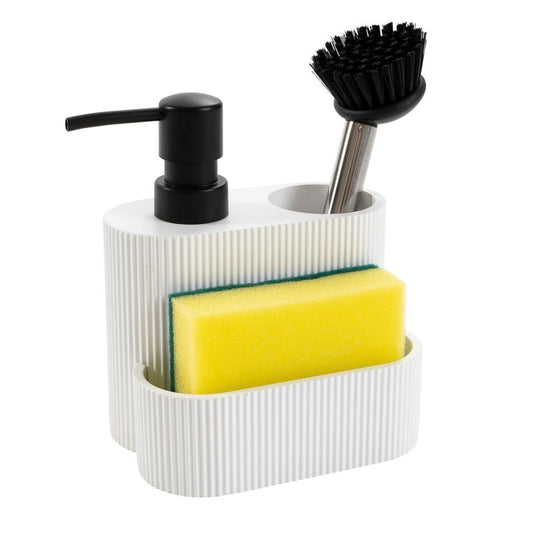 DISPENSADOR JABON CON ESTROPAJO Y CEPILLO BLANCO
