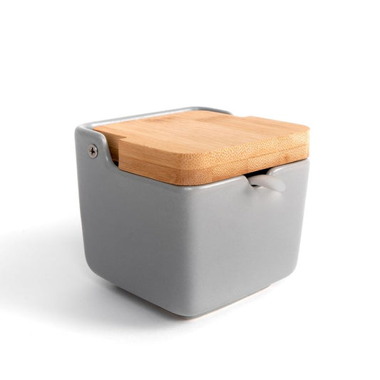 AZUCARERO TAPA BAMBU CON CUCHARA GRIS
