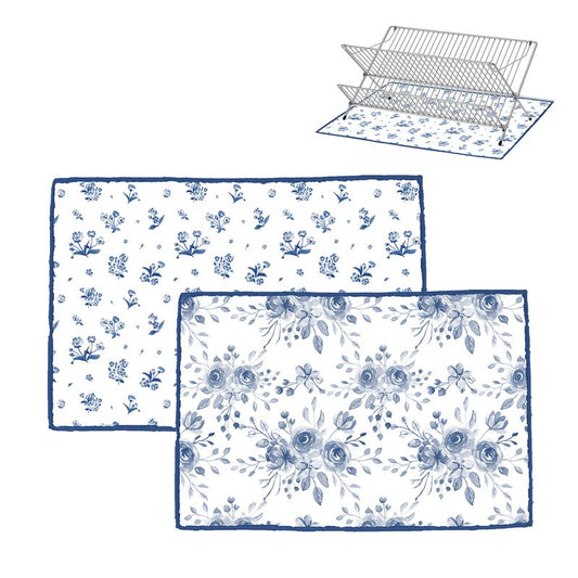 JUEGO DE 2 ALFOMBRILLA ESCURREPLATOS 45X30 FLORES AZUL