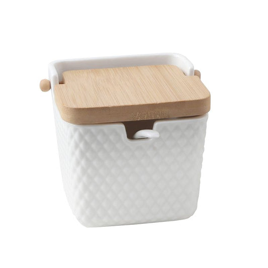 AZUCARERO CON CUCHARA PORCELANA GRABADA
